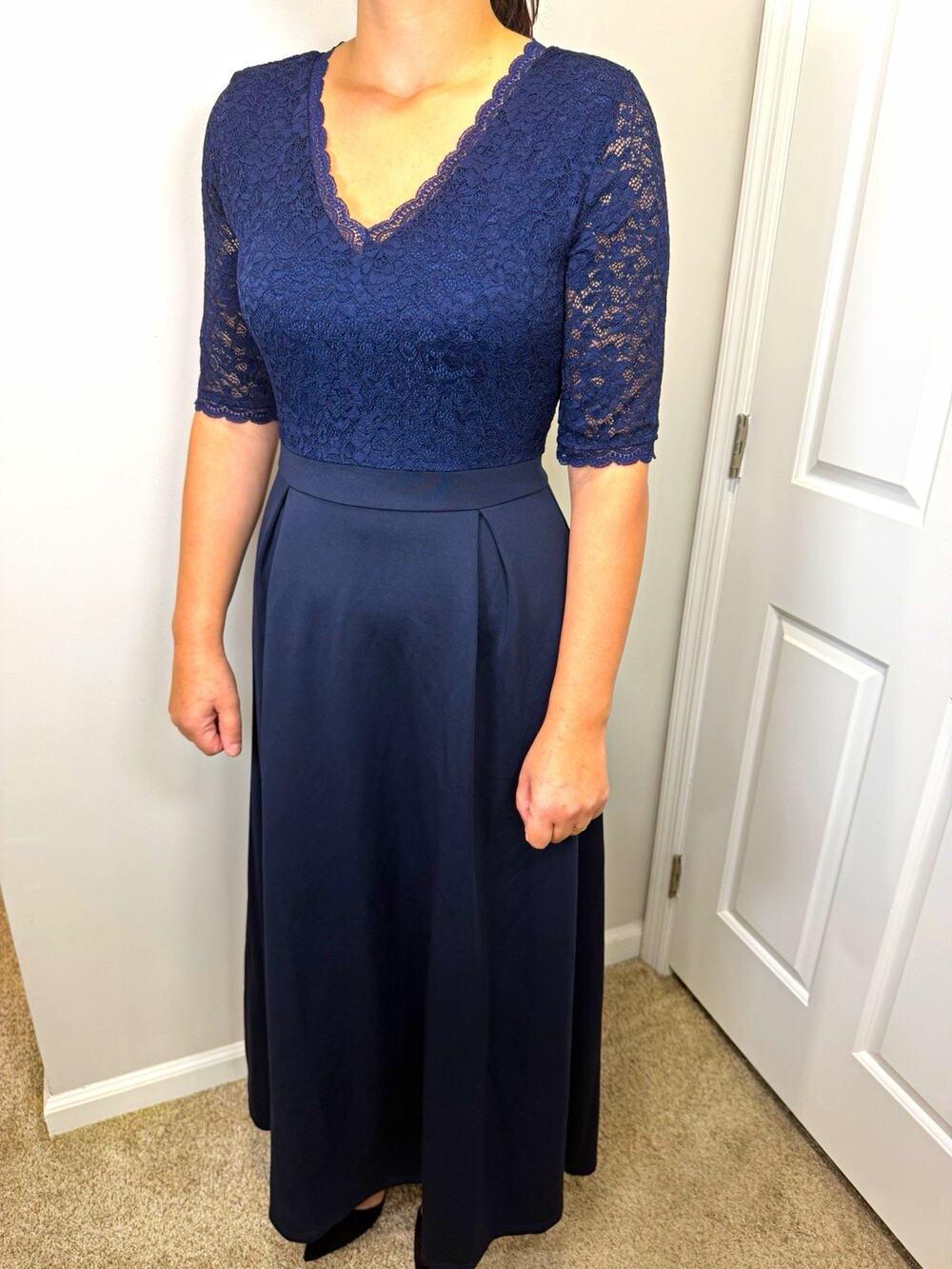 Rephyllis Blue Lace V-Neck 3/4 Sleeve Midi Dress Lined Zip, Size M